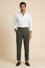 Dark Green Men's High-Waisted Pleated Tailored Trousers Deep Olive - Pleated trousers - Photo 1