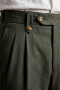 Dark Green Men's High-Waisted Pleated Tailored Trousers Deep Olive - Pleated trousers - Photo 3