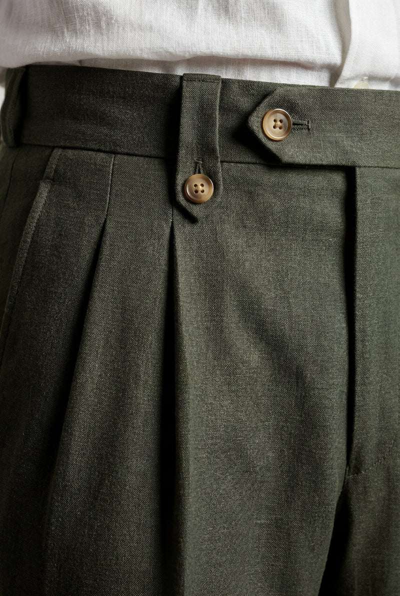 Dark Green Men's High-Waisted Pleated Tailored Trousers Deep Olive - Pleated trousers - Photo 3