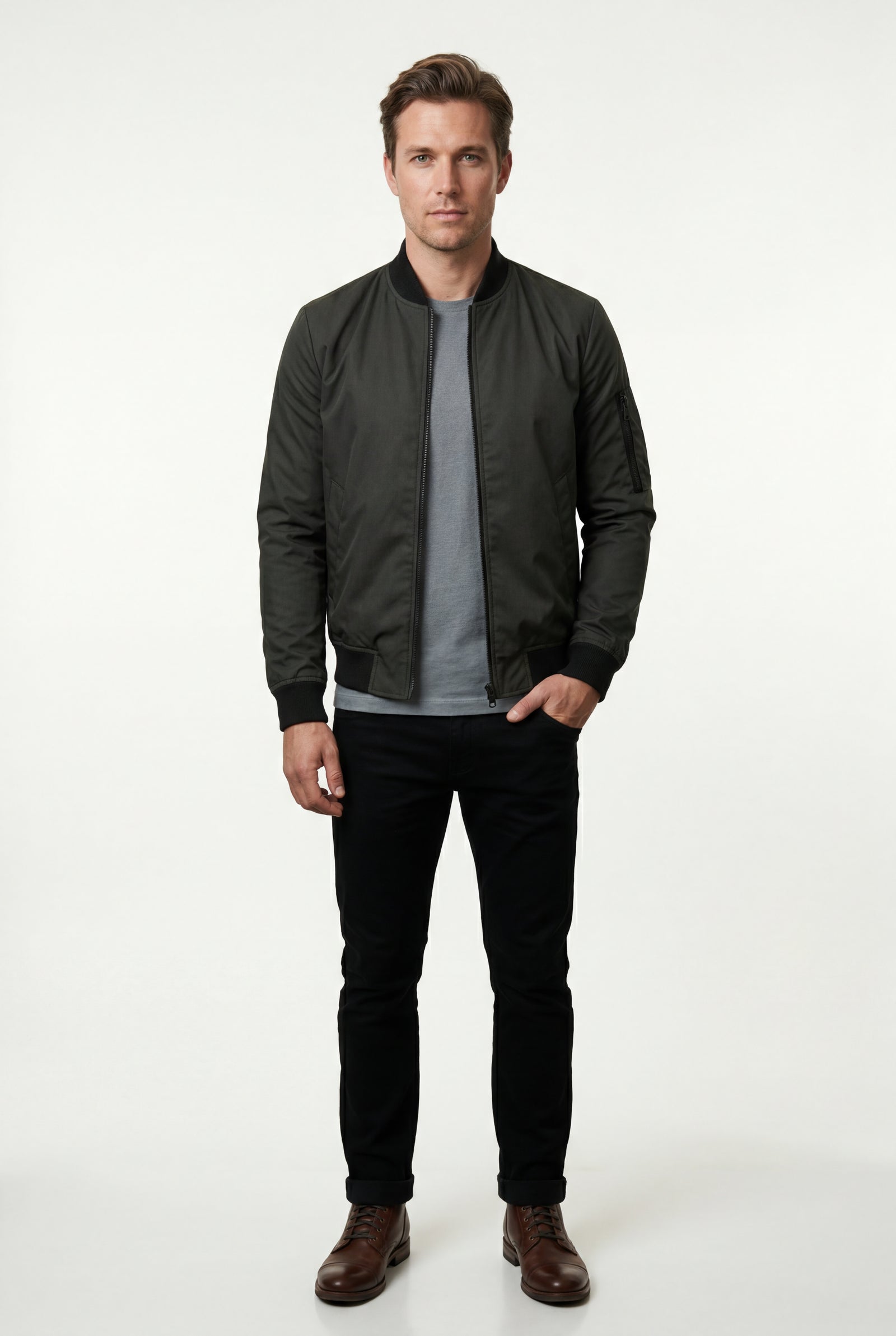 Dark Green Men's Slim-Fit Minimalist Classic Bomber Jacket - Photo 7