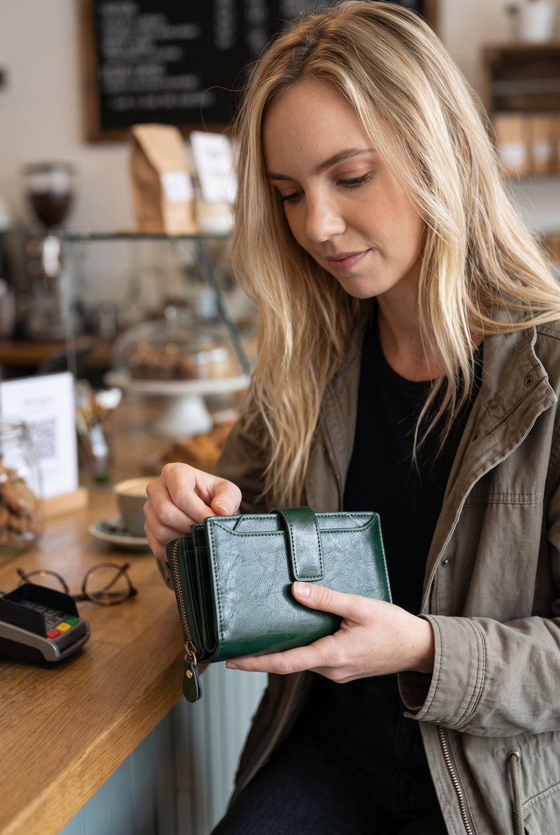 Pebbled Fold-Over Wallet in Dark Green — lifestyle