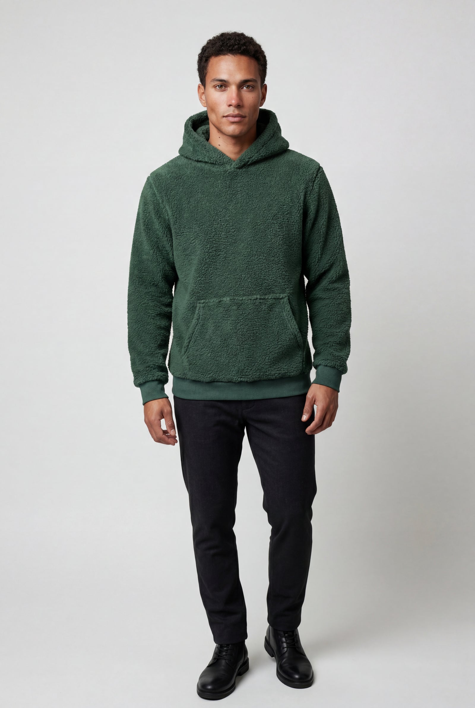 Dark Green Plush Relaxed Fit Hoodie with Kangaroo Pocket - Photo 5