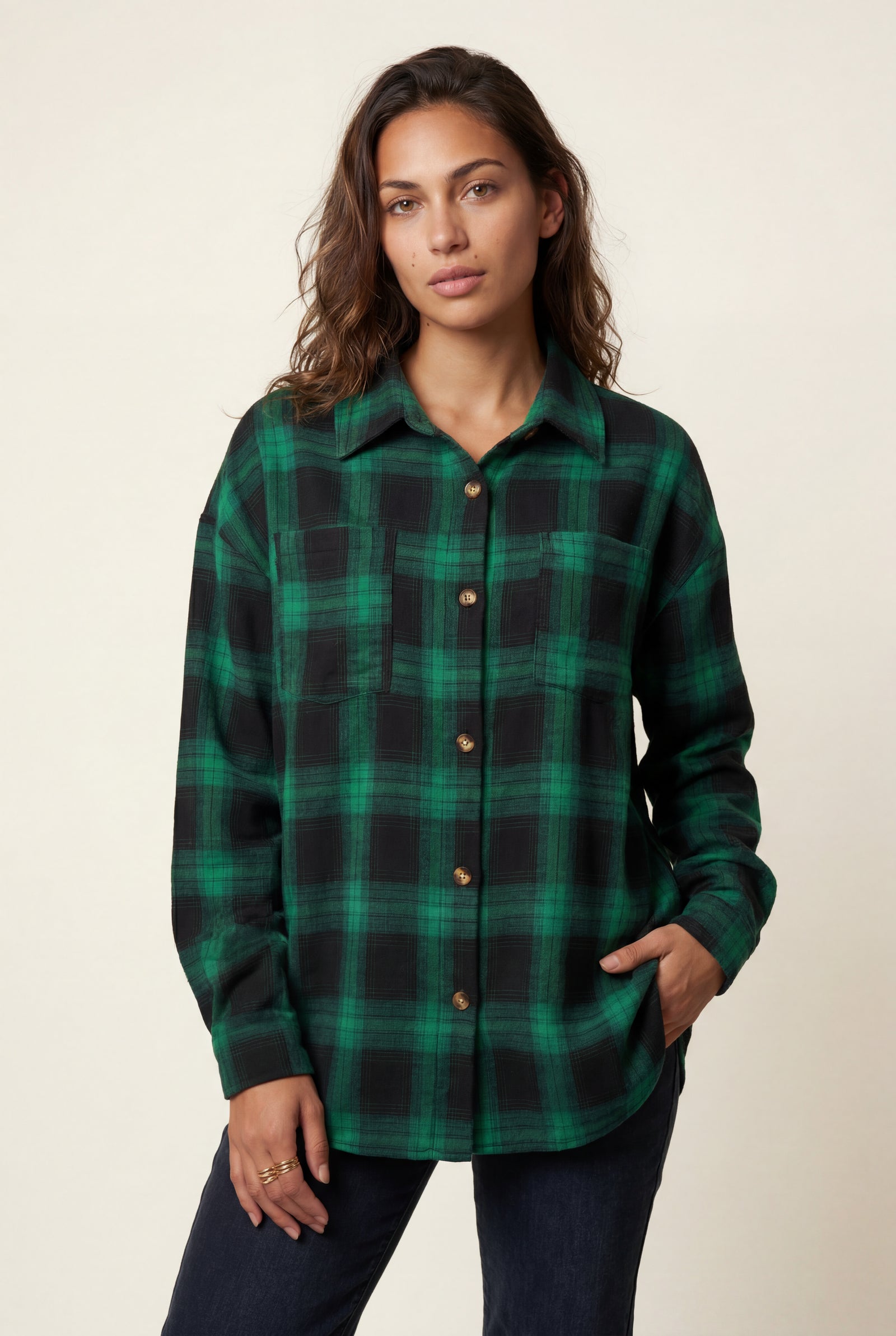 Dark Green Relaxed Fit Checked Long Sleeve Shirt with Classic Collar - Checked shirts - Photo 11