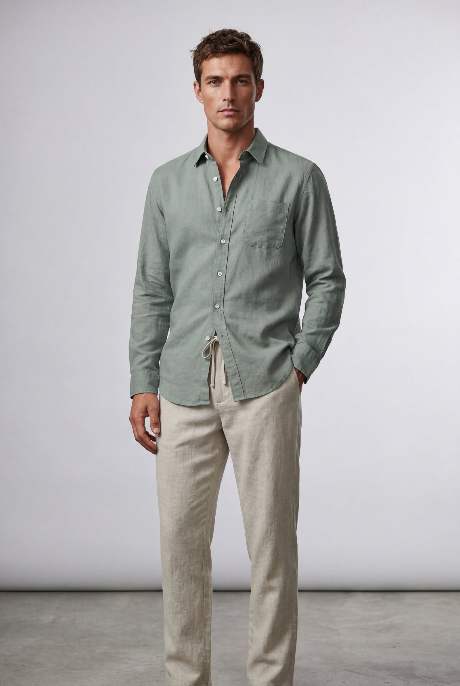 Dark Green Relaxed Long-sleeve Shirt and Drawstring Pants Set - Photo 3