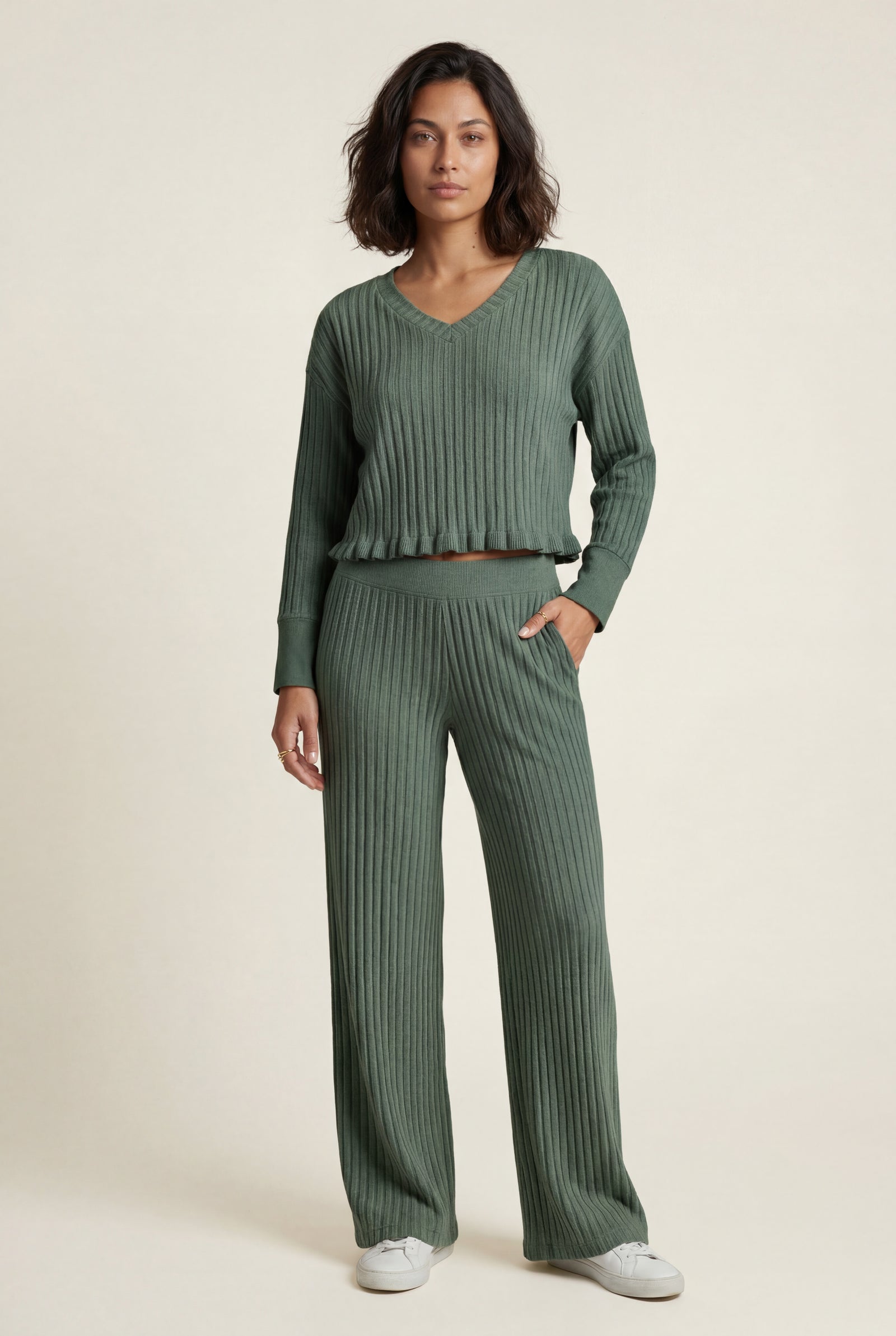 Dark Green Ribbed Wide-leg Two-piece Loungewear Set - Two-piece set - Photo 5