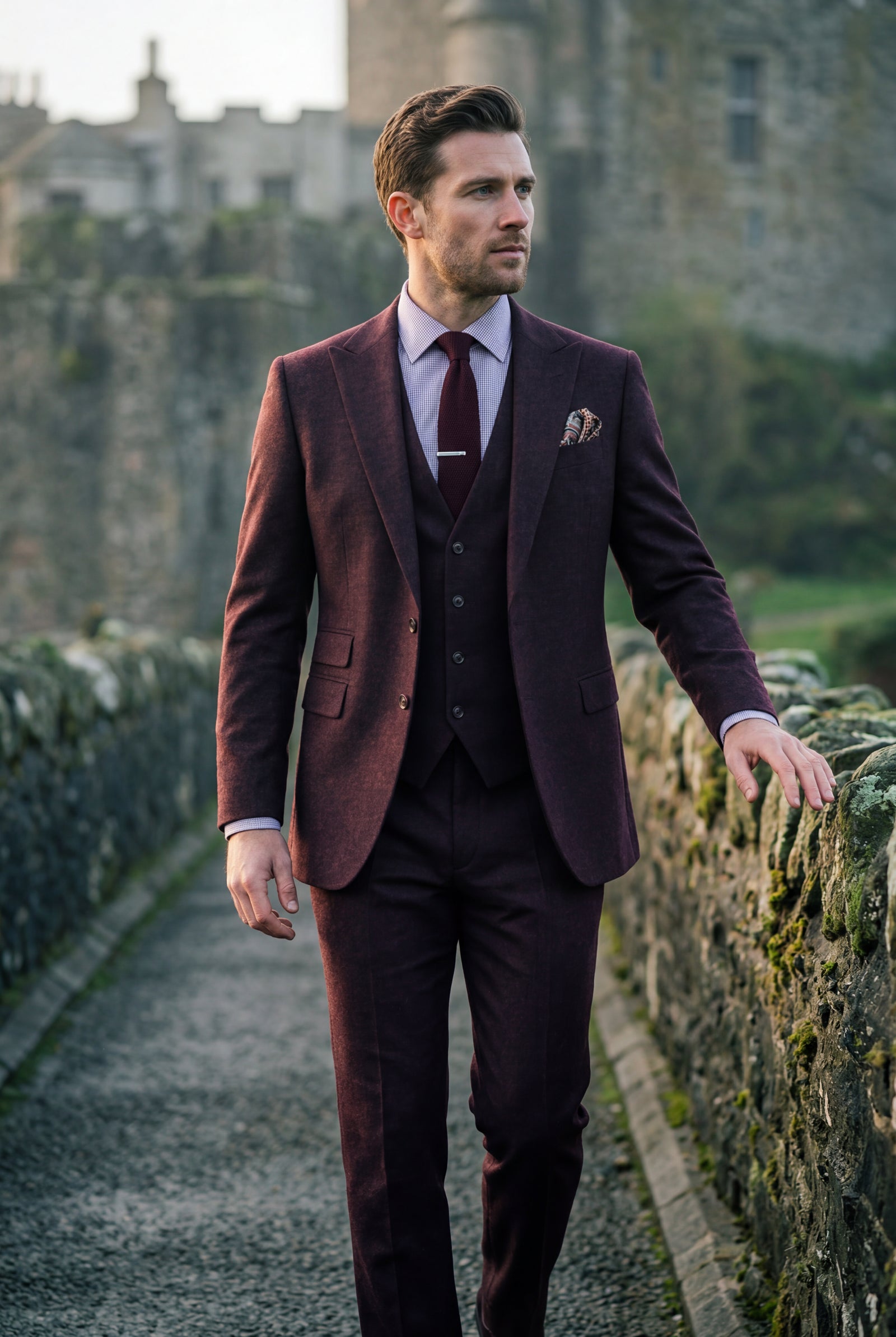 Burgundy Slim Fit Three-piece Tailored Formal Suit Set - Formal suits - Photo 16