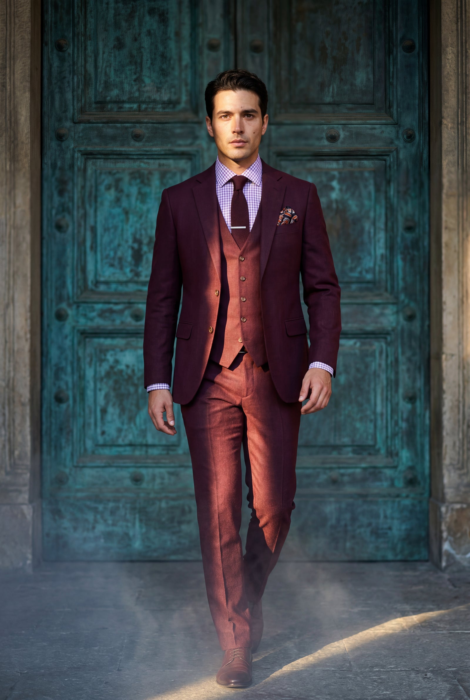 Burgundy Slim Fit Three-piece Tailored Formal Suit Set - Formal suits - Photo 21