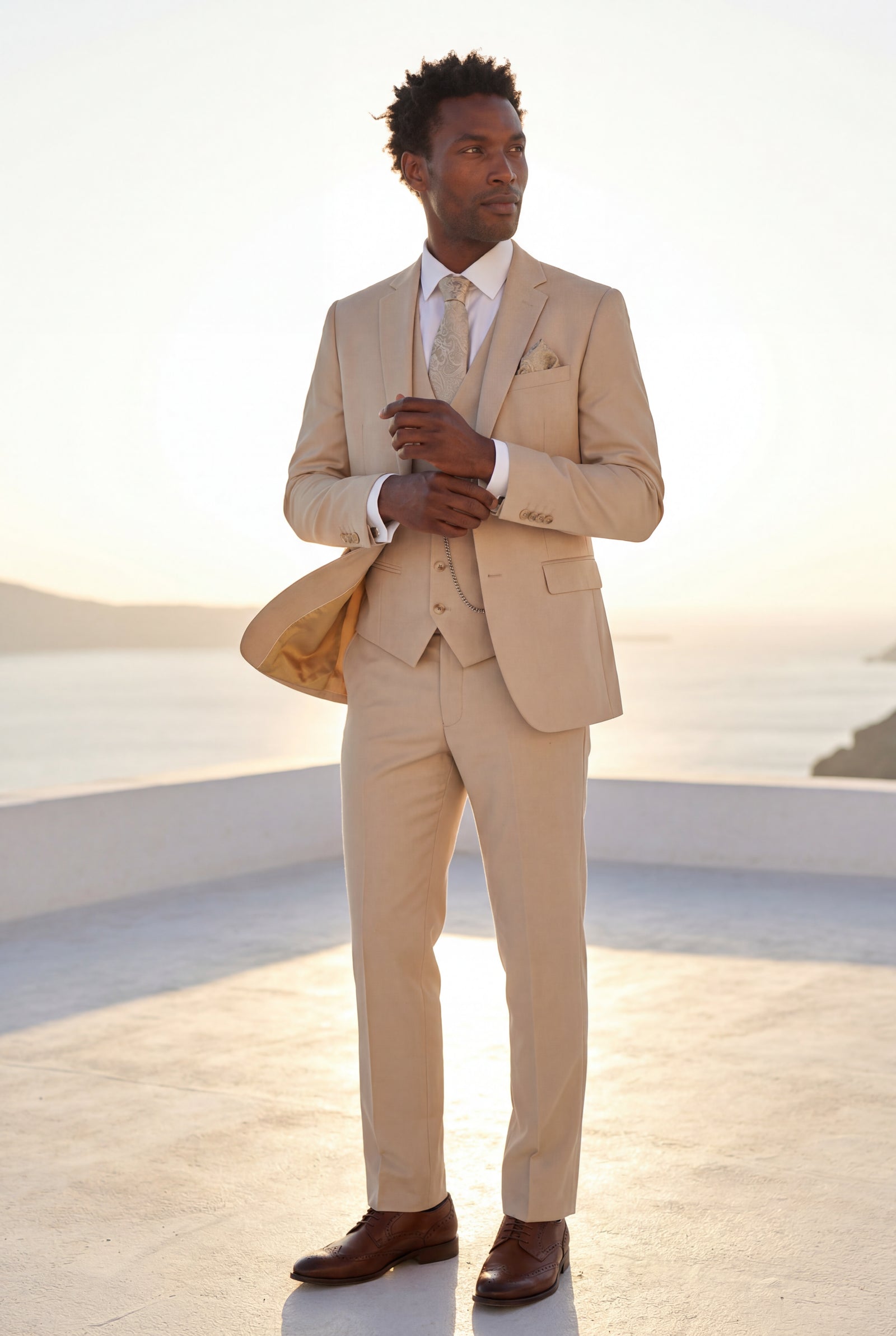 Beige Slim Fit Three-piece Tailored Formal Suit Set - Formal suits - Photo 9