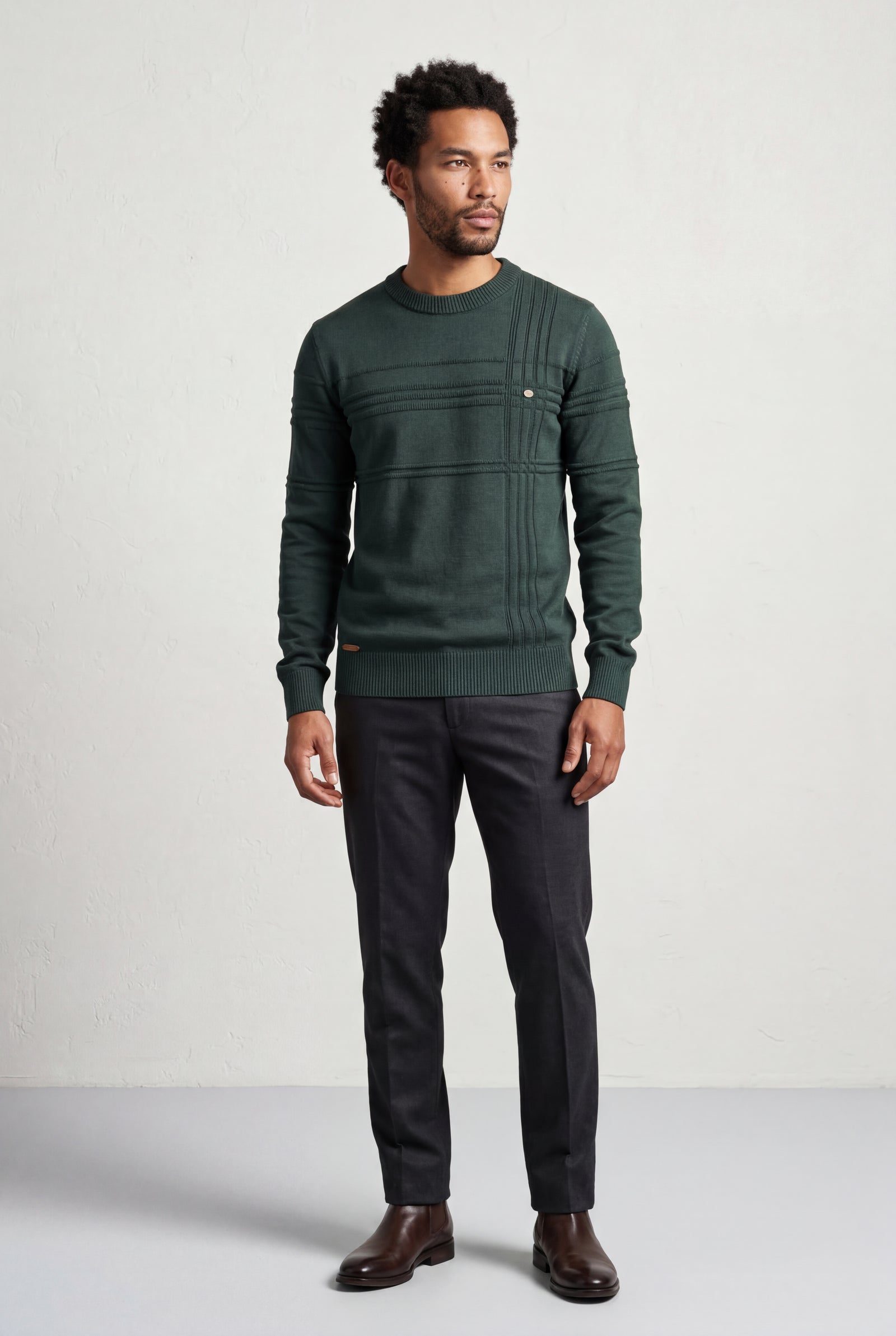 Dark Green Structured Tonal Textured Crewneck Sweater - Structured sweater - Photo 16