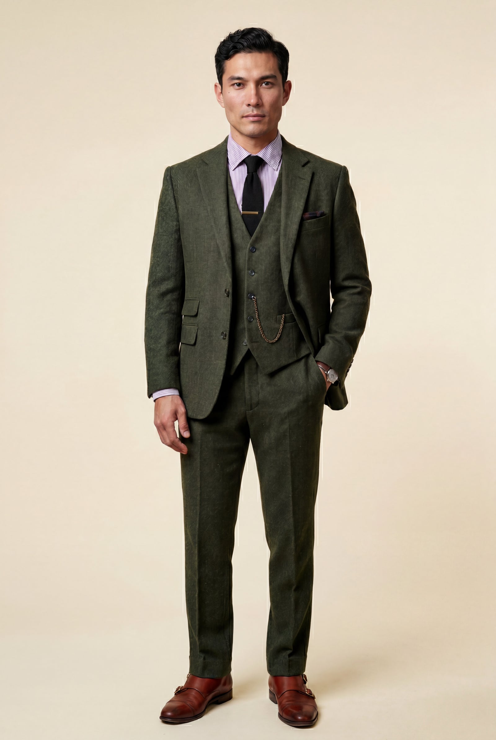 Dark Green Textured Three-piece Suit with Notched Lapels - Photo 2