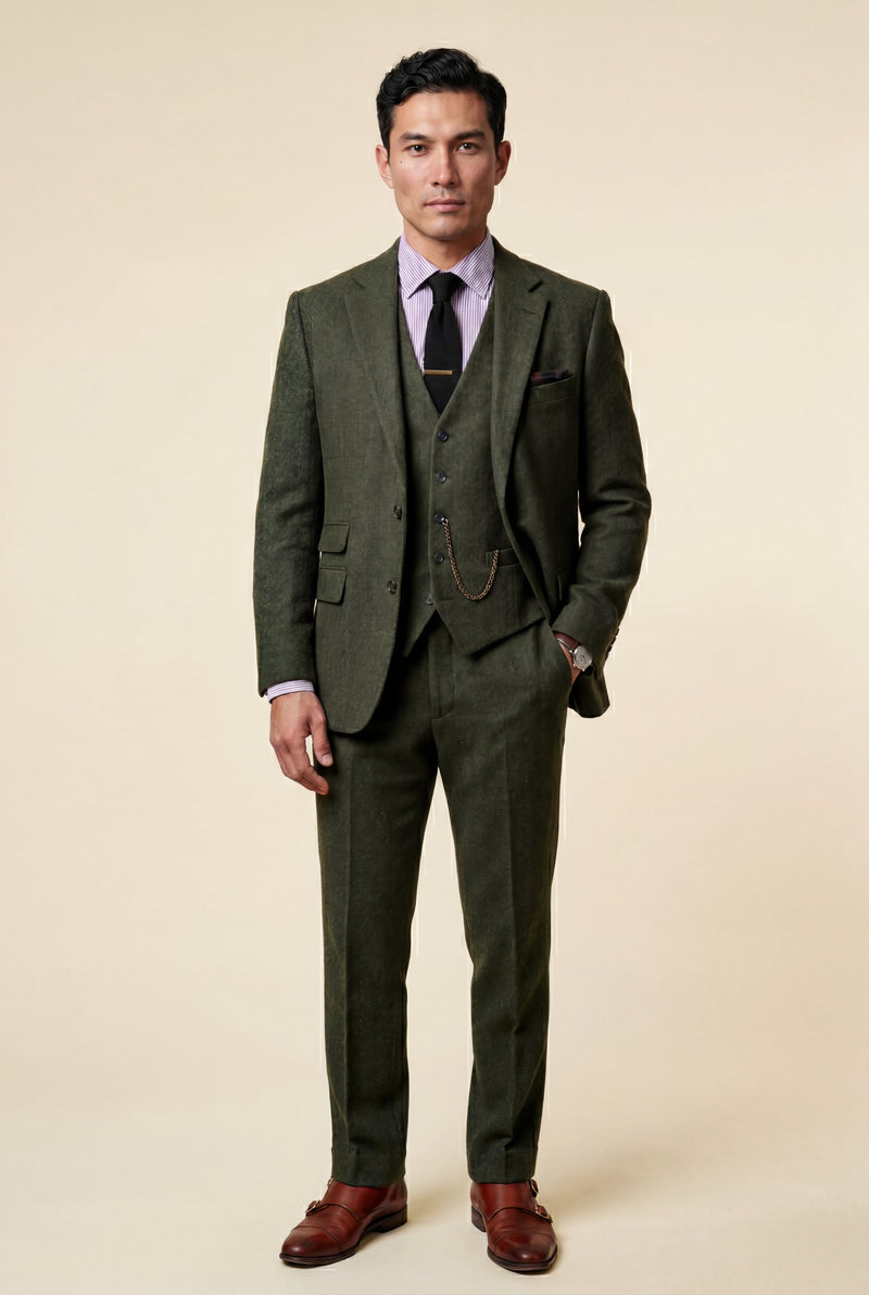Dark Green Textured Three-piece Suit with Notched Lapels - Photo 2
