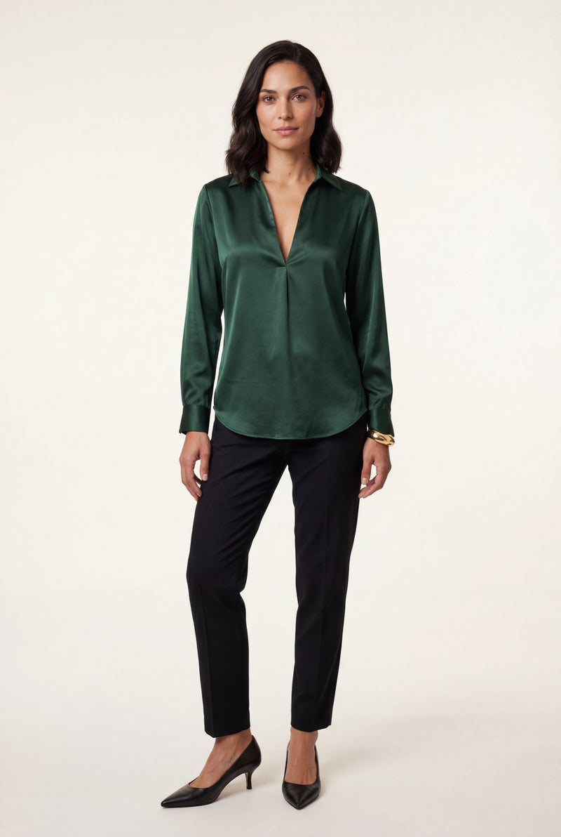 Dark Green V-neck Relaxed-fit Blouse with Curved Hem - Blouses - Photo 1