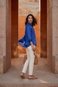 Blue V-neck Relaxed-fit Blouse with Curved Hem - Blouses - Photo 13