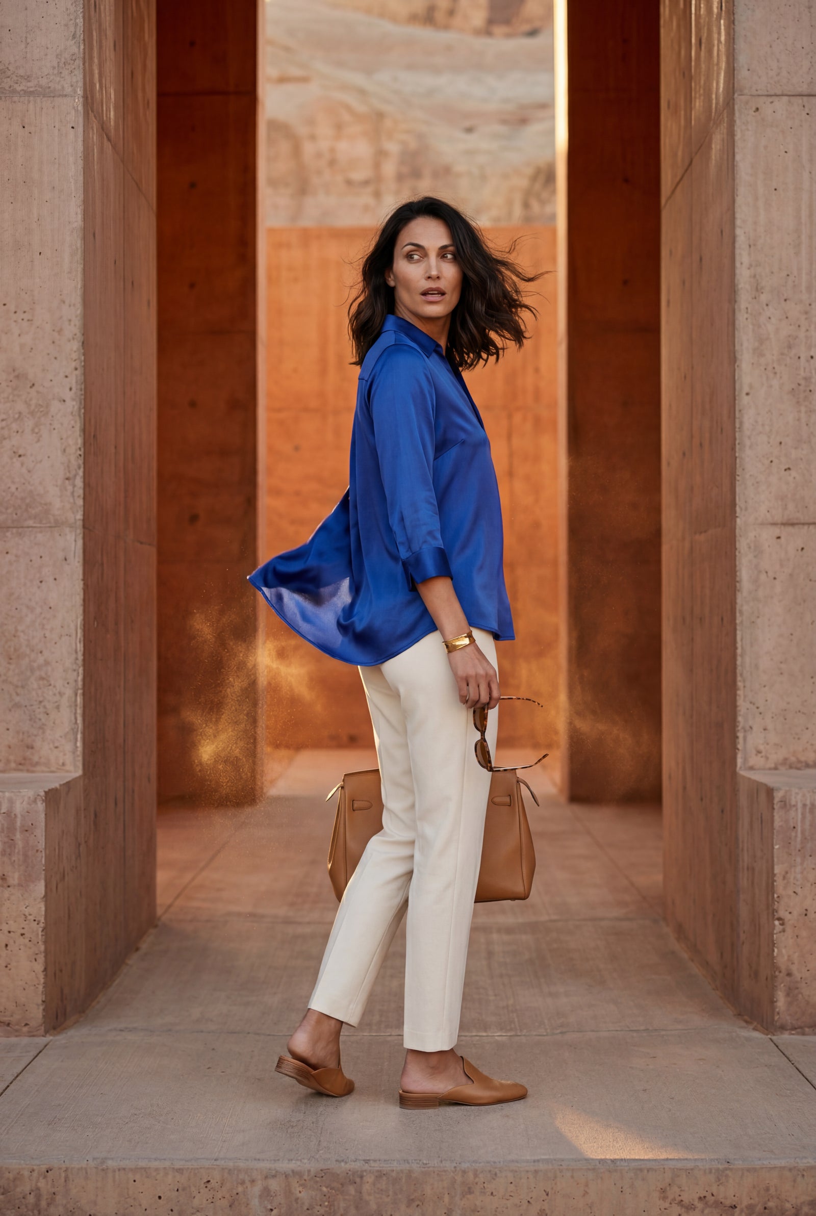 Blue V-neck Relaxed-fit Blouse with Curved Hem - Blouses - Photo 13