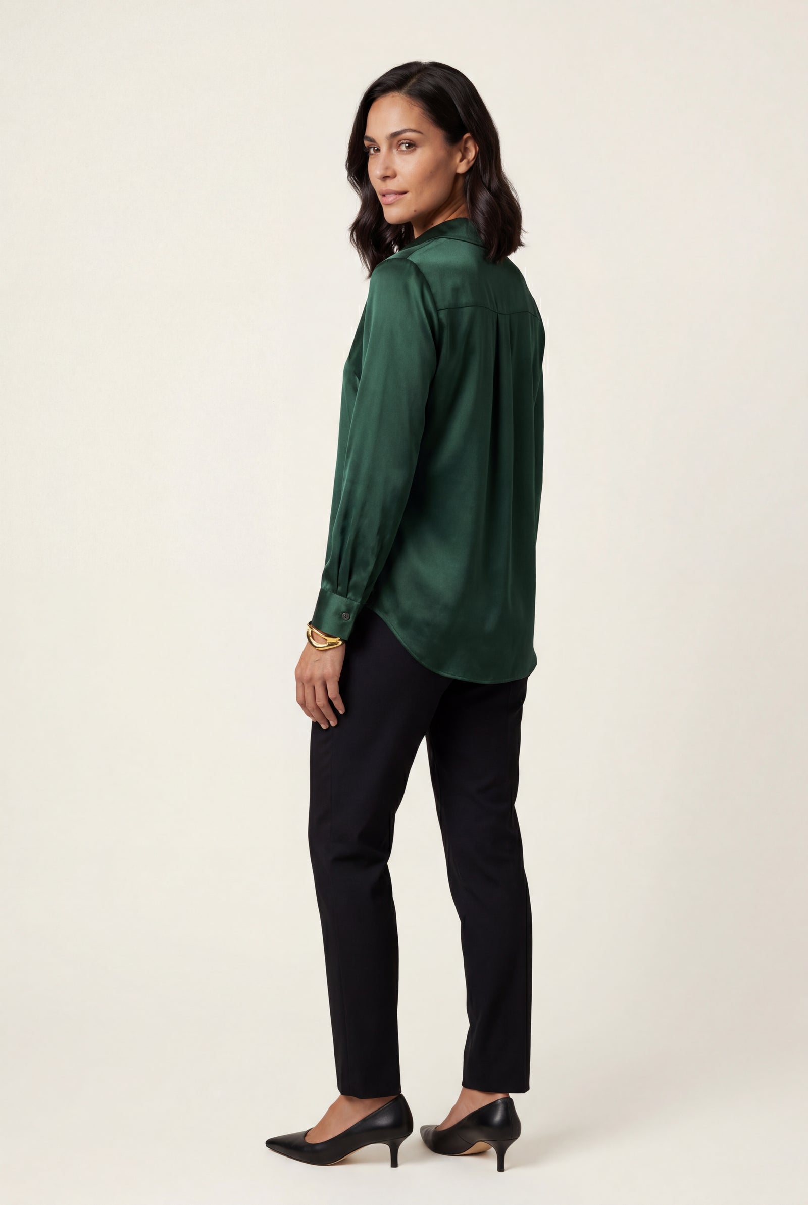 Dark Green V-neck Relaxed-fit Blouse with Curved Hem - Blouses - Photo 2