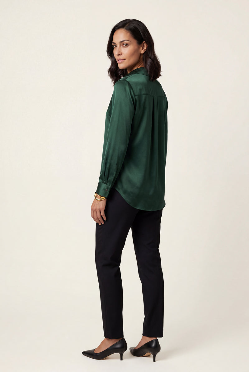 Dark Green V-neck Relaxed-fit Blouse with Curved Hem - Blouses - Photo 2