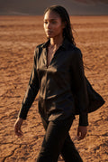 Black V-neck Relaxed-fit Blouse with Curved Hem - Blouses - Photo 7