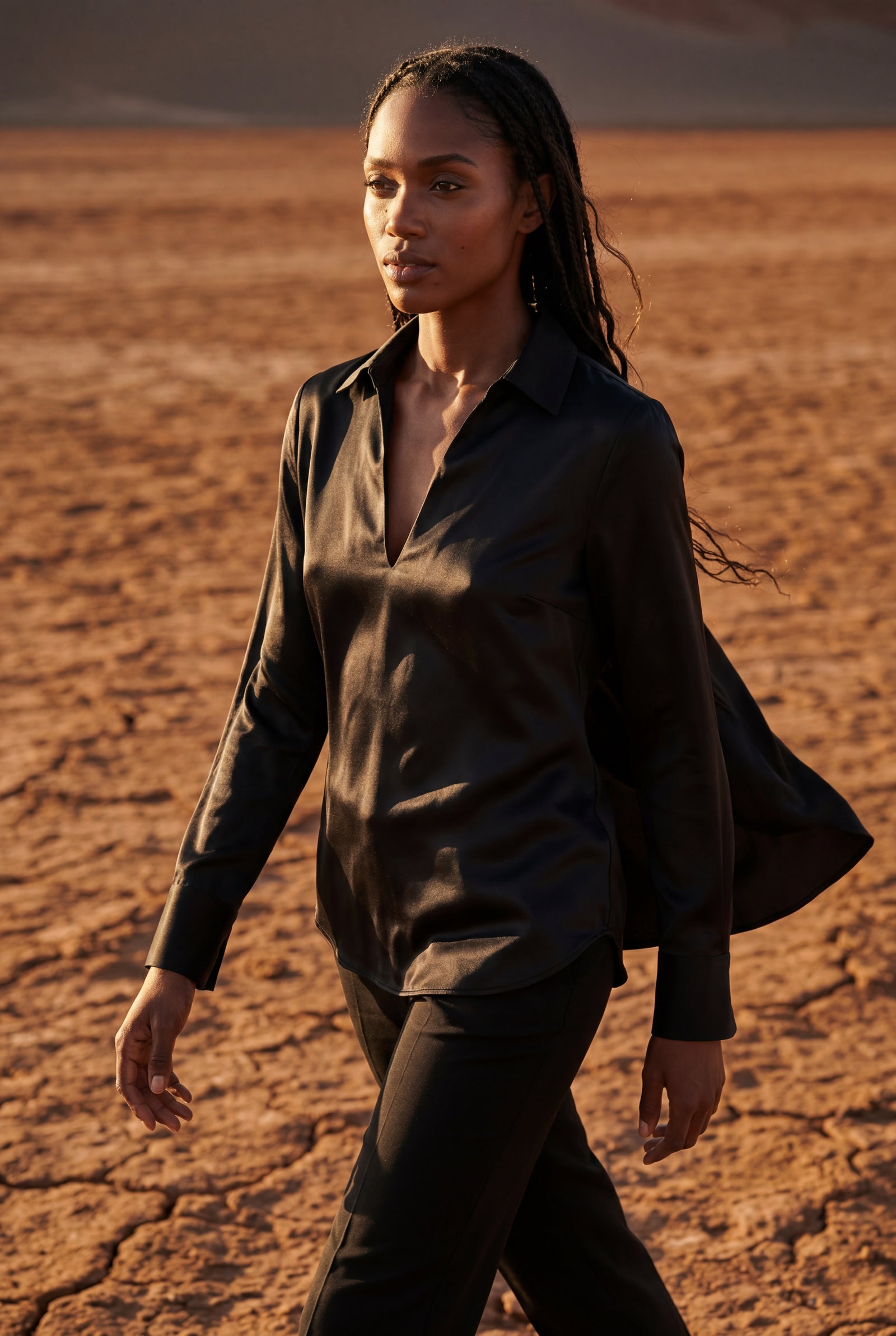 Black V-neck Relaxed-fit Blouse with Curved Hem - Blouses - Photo 7