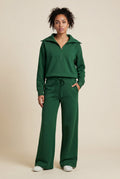 Dark Green Wide-leg Zip Collar Lounge Set with Relaxed Pullover - Two piece set - Photo 8