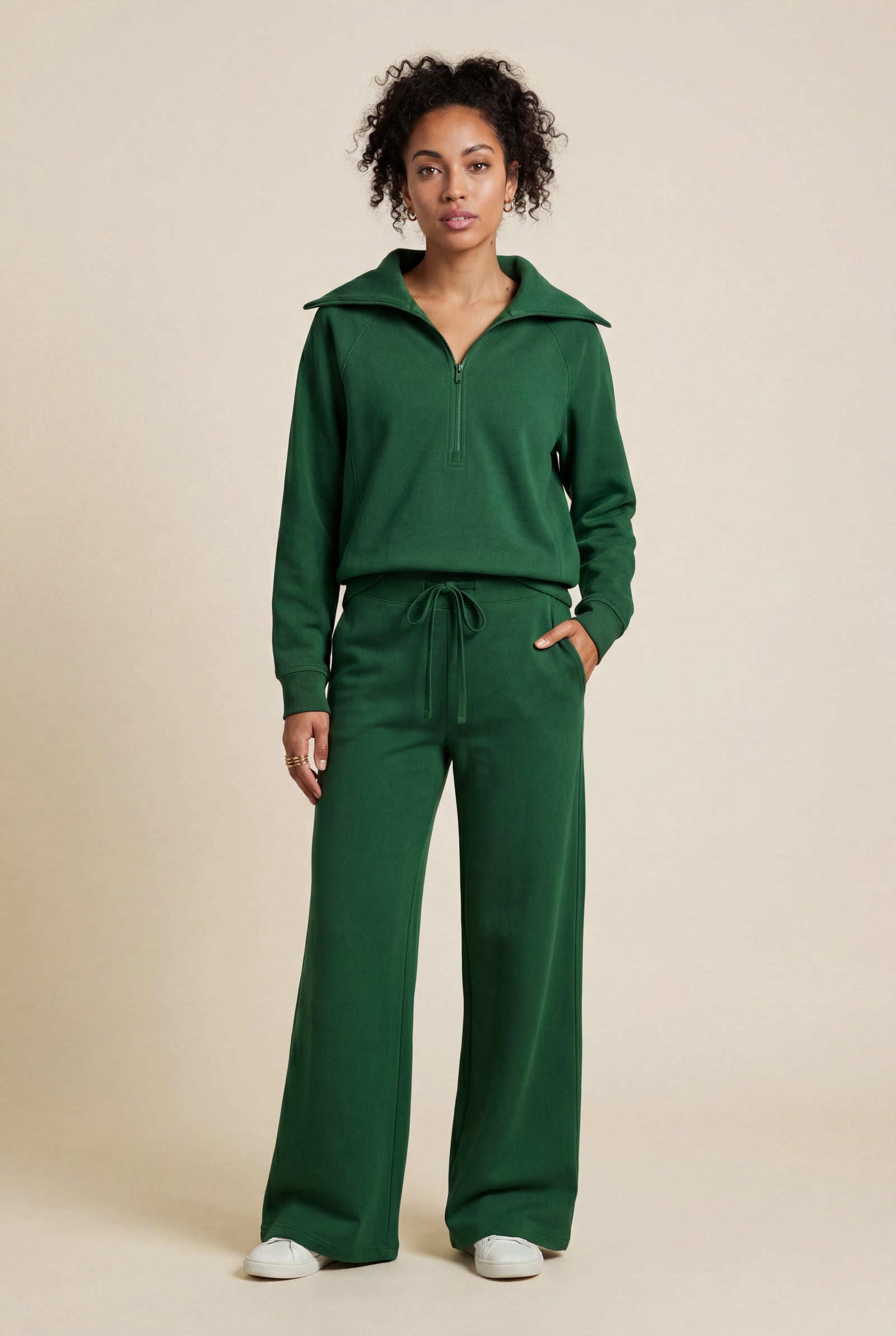 Dark Green Wide-leg Zip Collar Lounge Set with Relaxed Pullover - Two piece set - Photo 8