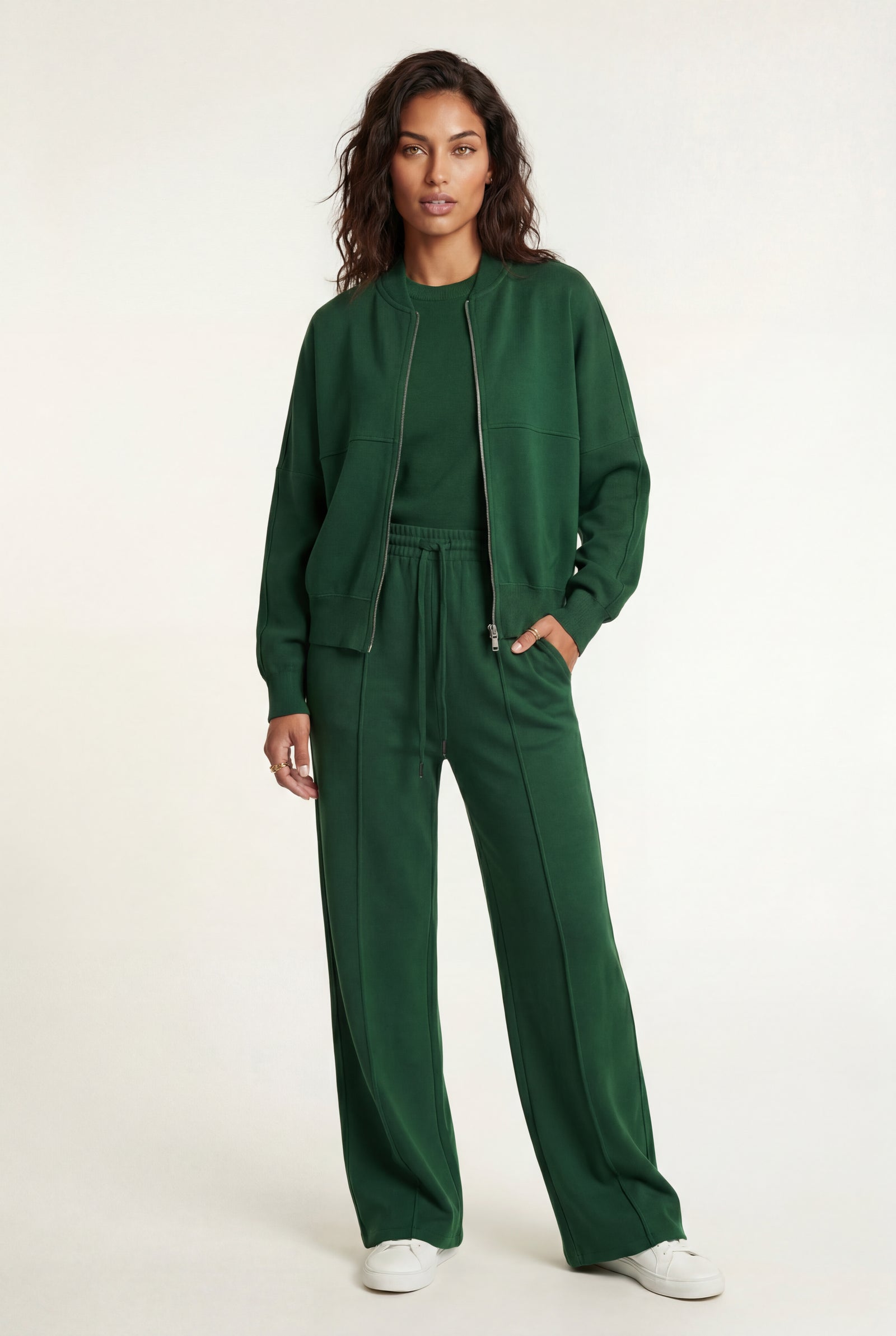 Dark Green Zip-up Bomber Jacket Wide-leg Tracksuit Set - Photo 7