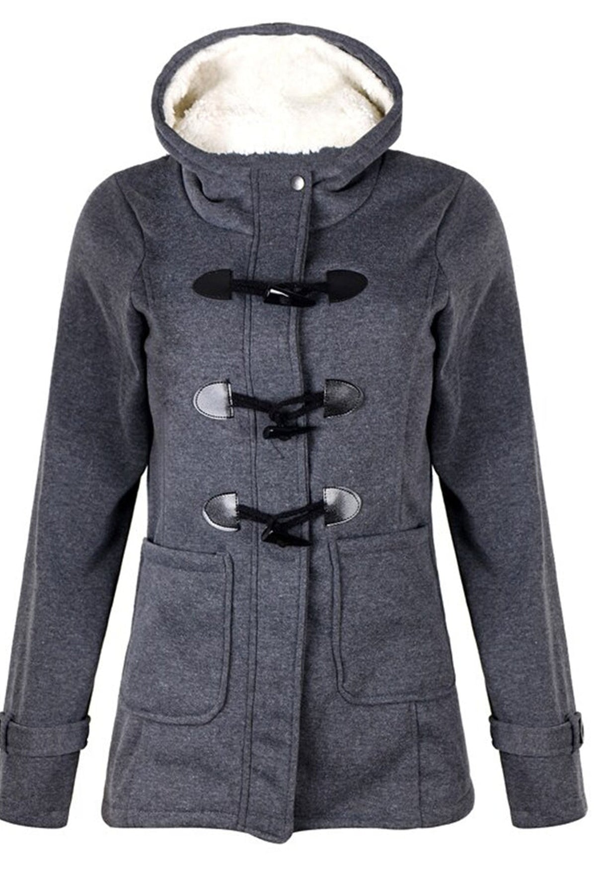Plush-Lined Hood Duffle Coat in Dark Grey — front view