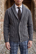 Shawl Collar Cable Knit Cardigan in Dark Grey — studio front