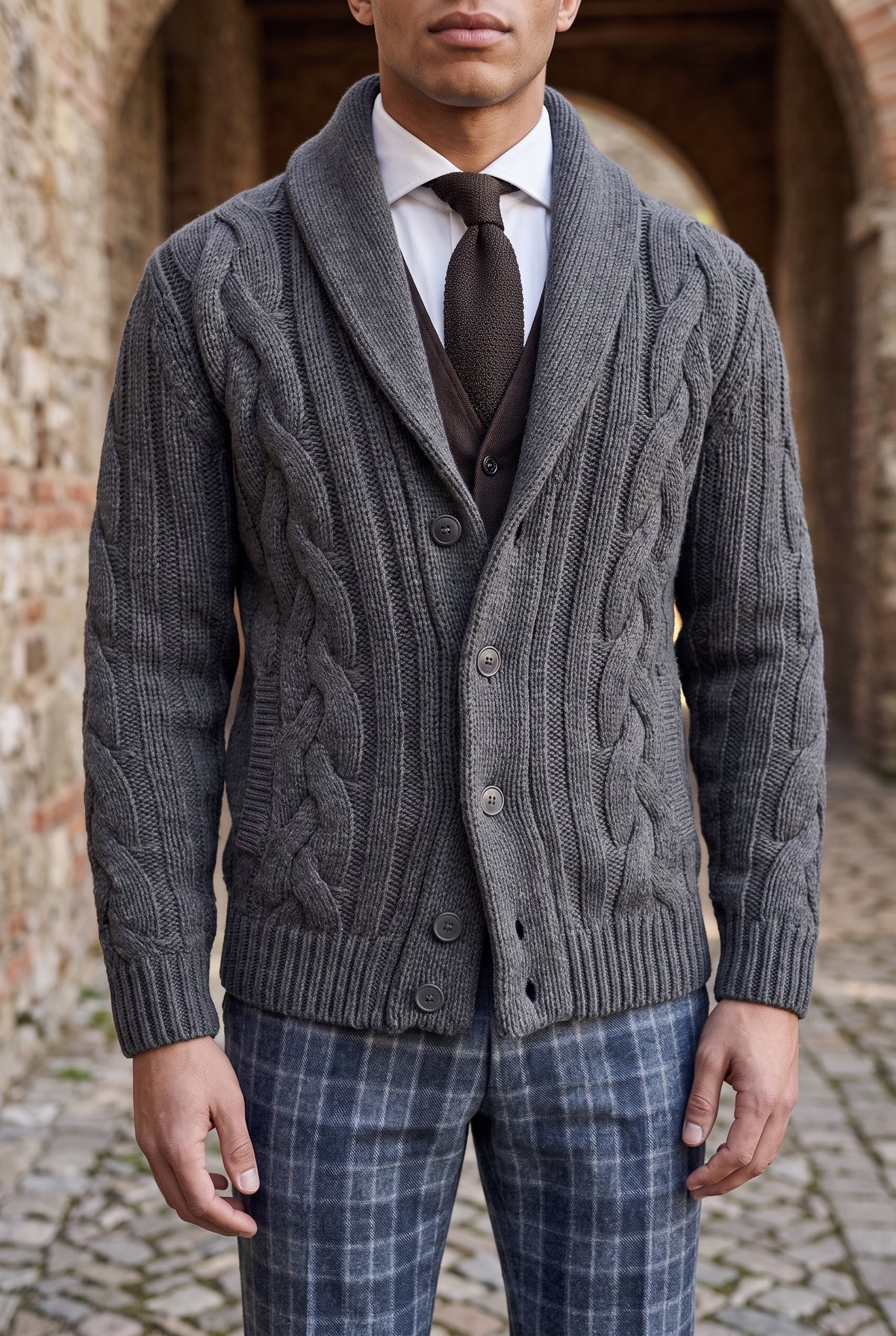 Shawl Collar Cable Knit Cardigan in Dark Grey — studio front