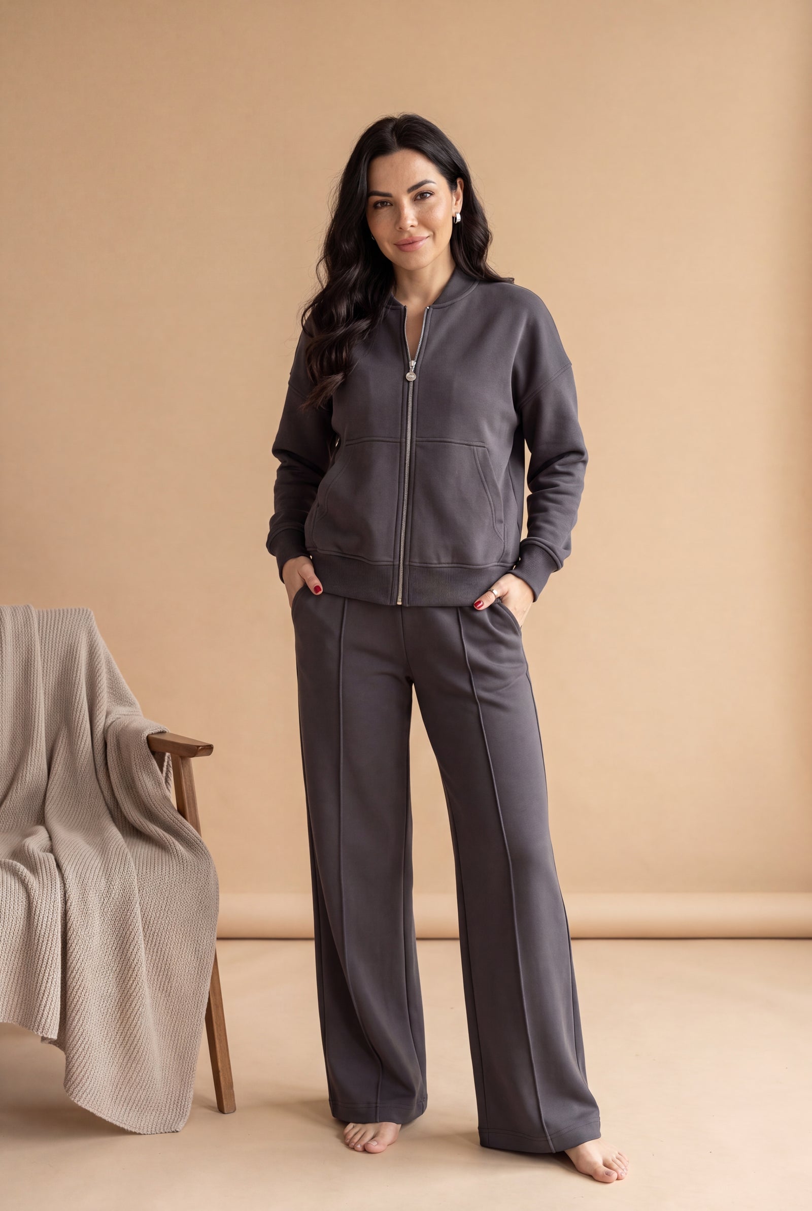 Women's Lounge Set Zip Top in Dark Grey — primary studio