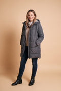 Women's Winter Coat Adjustable Hood in Dark Grey — studio front