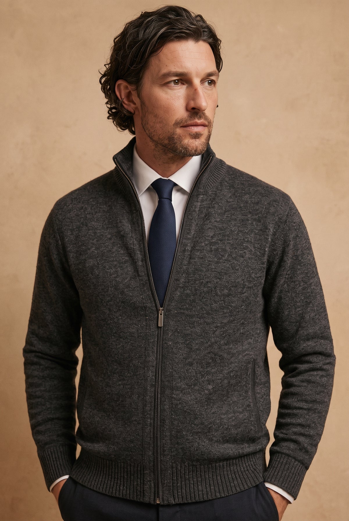Zip-Front Knit Cardigan in Dark Grey — studio front