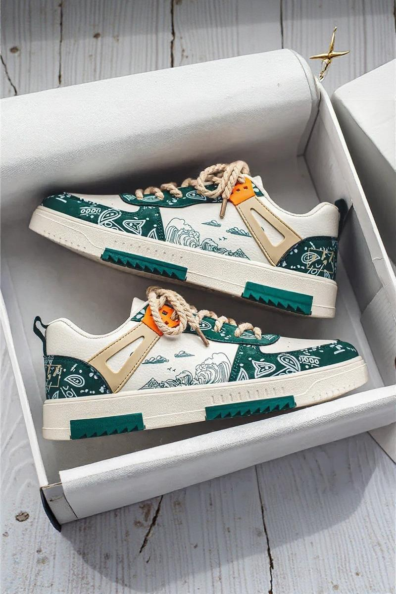 Dark Pine Green Artistic Wave Print Rope Lace Low-top Sneakers - Photo 5