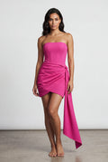 Dark Pink Strapless Ruched Mini Cocktail Dress with Draped Sash - Photo 2