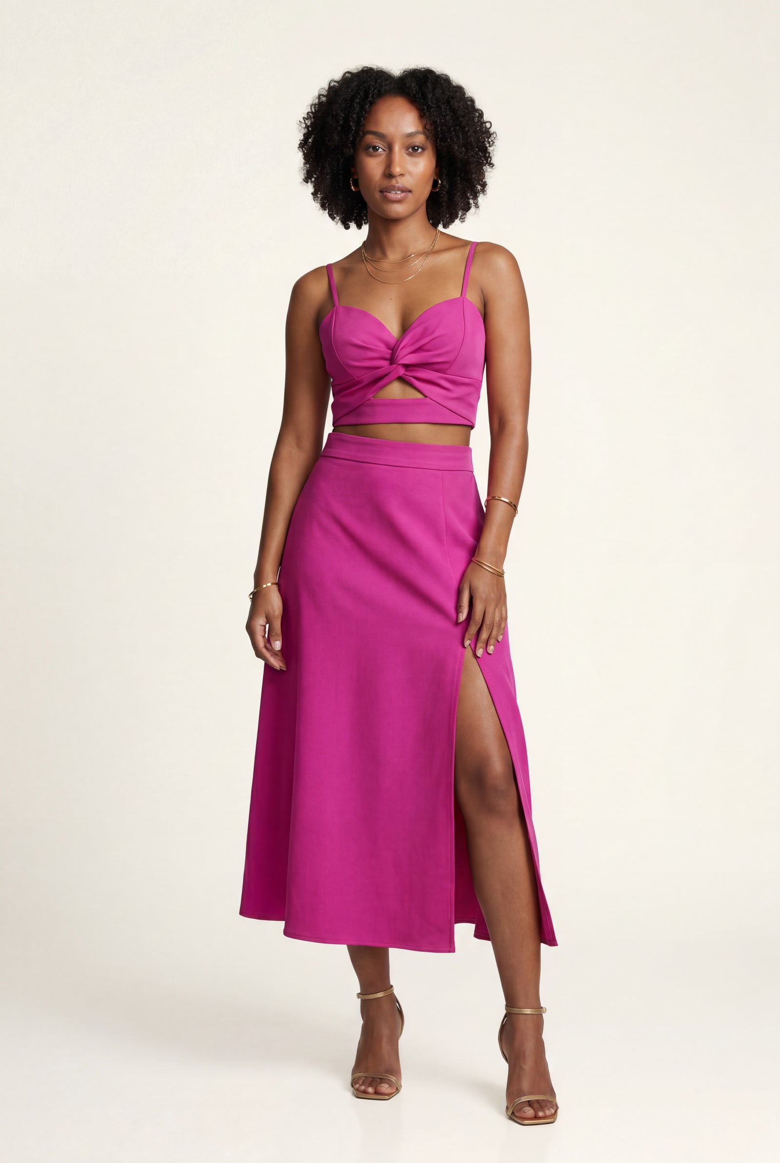 Dark Pink Twist-front Cutout Midi Dress with Side Slit - Photo 3