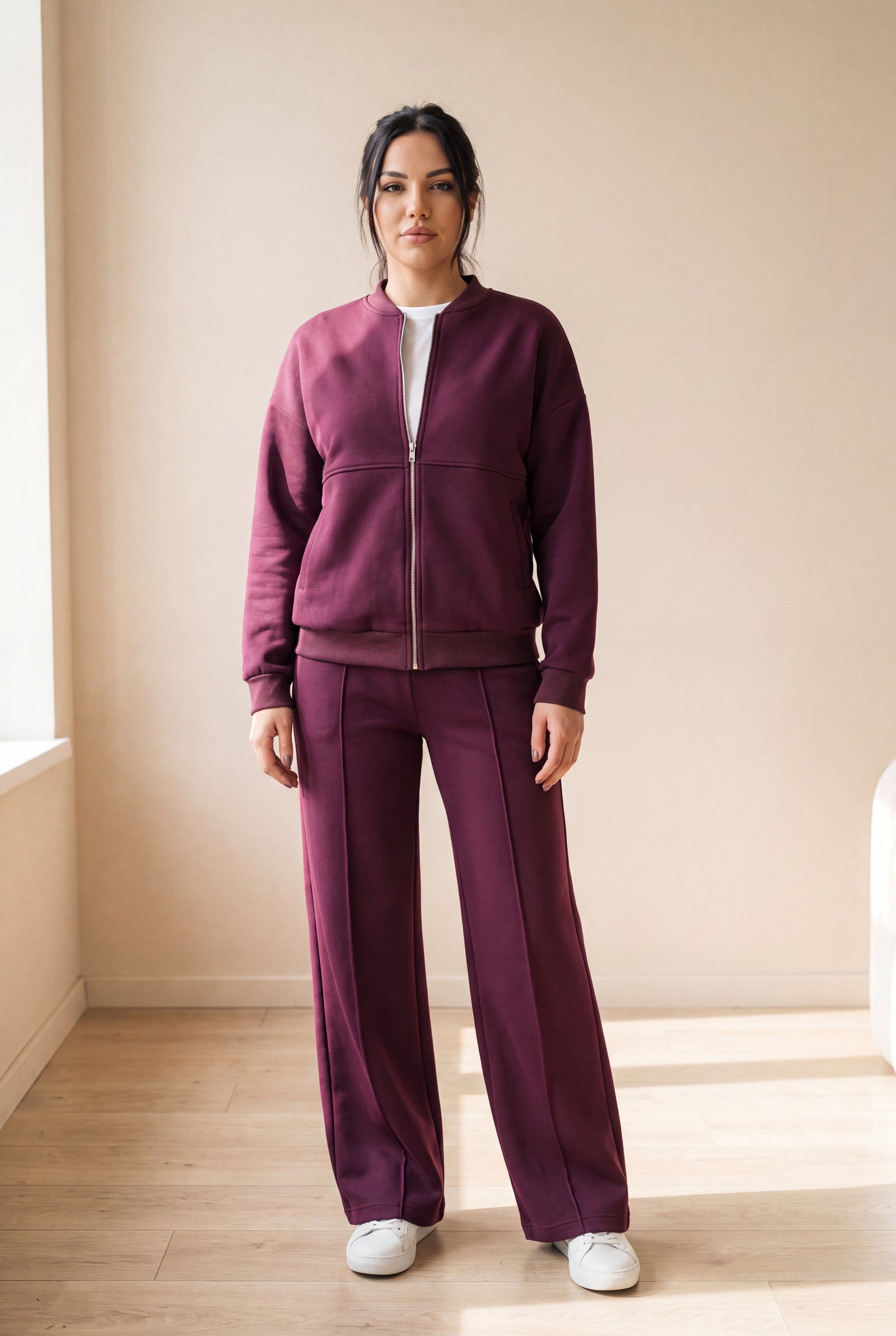 Women's Lounge Set Zip Top in Dark Purple — lifestyle interior