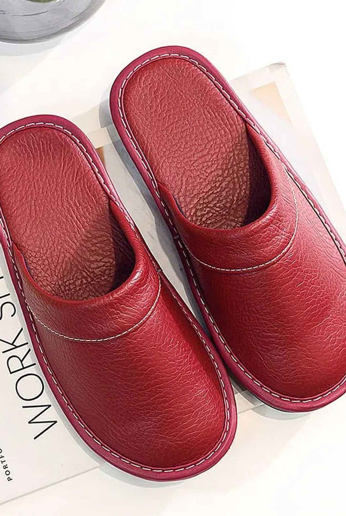 Leather Slip-On Slippers in Dark Red — front view