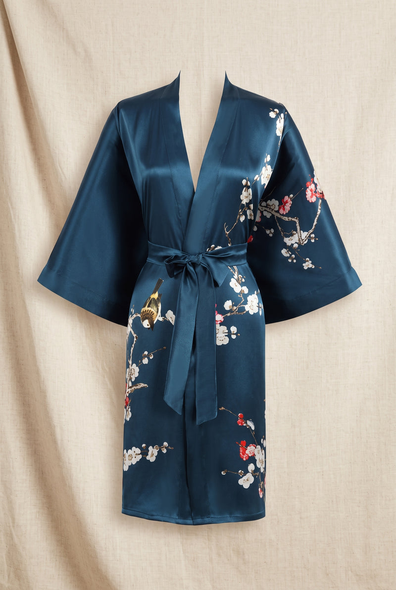 Silk Kimono Robe in Deep Teal — studio front