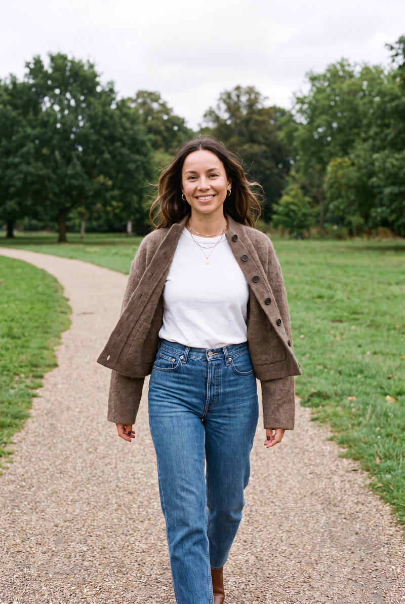 Women's Cardigan Boxy Fit — lifestyle park walk