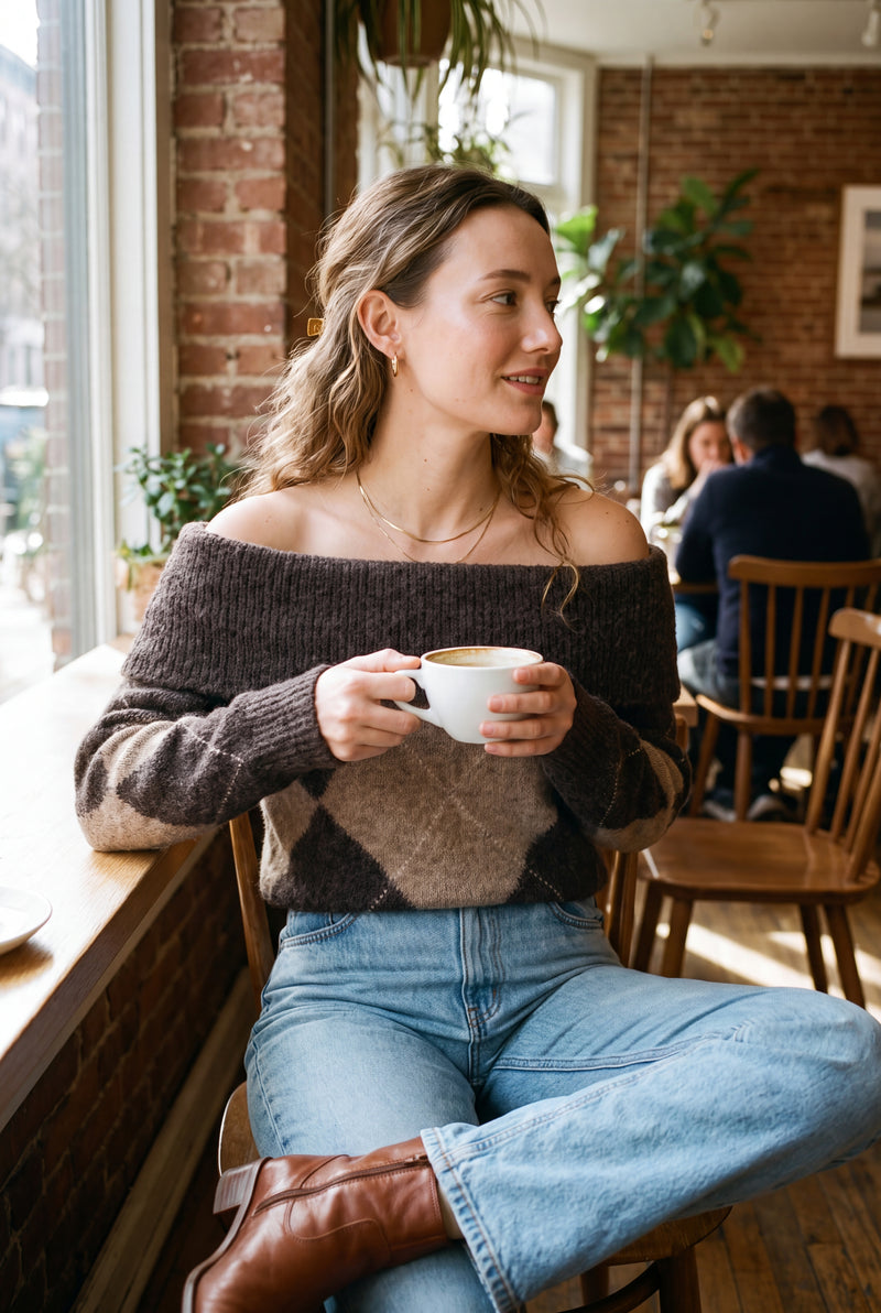 Women's Sweater Off-Shoulder Argyle — lifestyle cafe