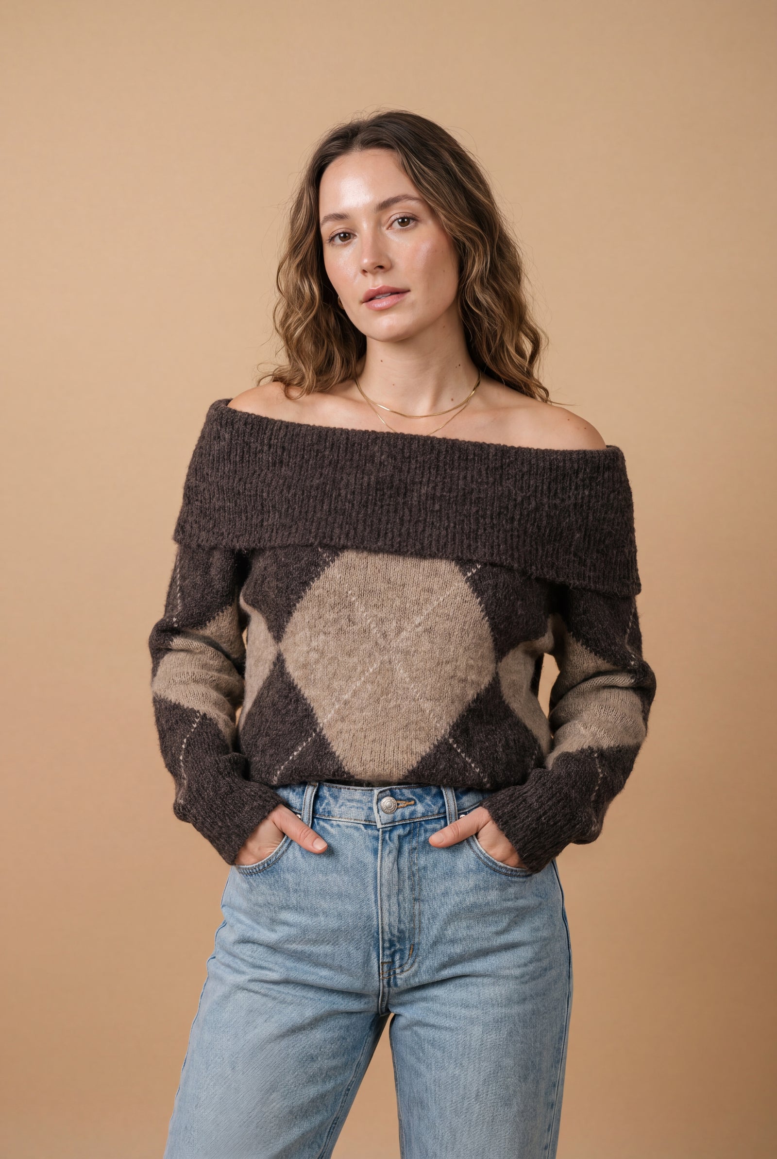 Women's Sweater Off-Shoulder Argyle — primary studio