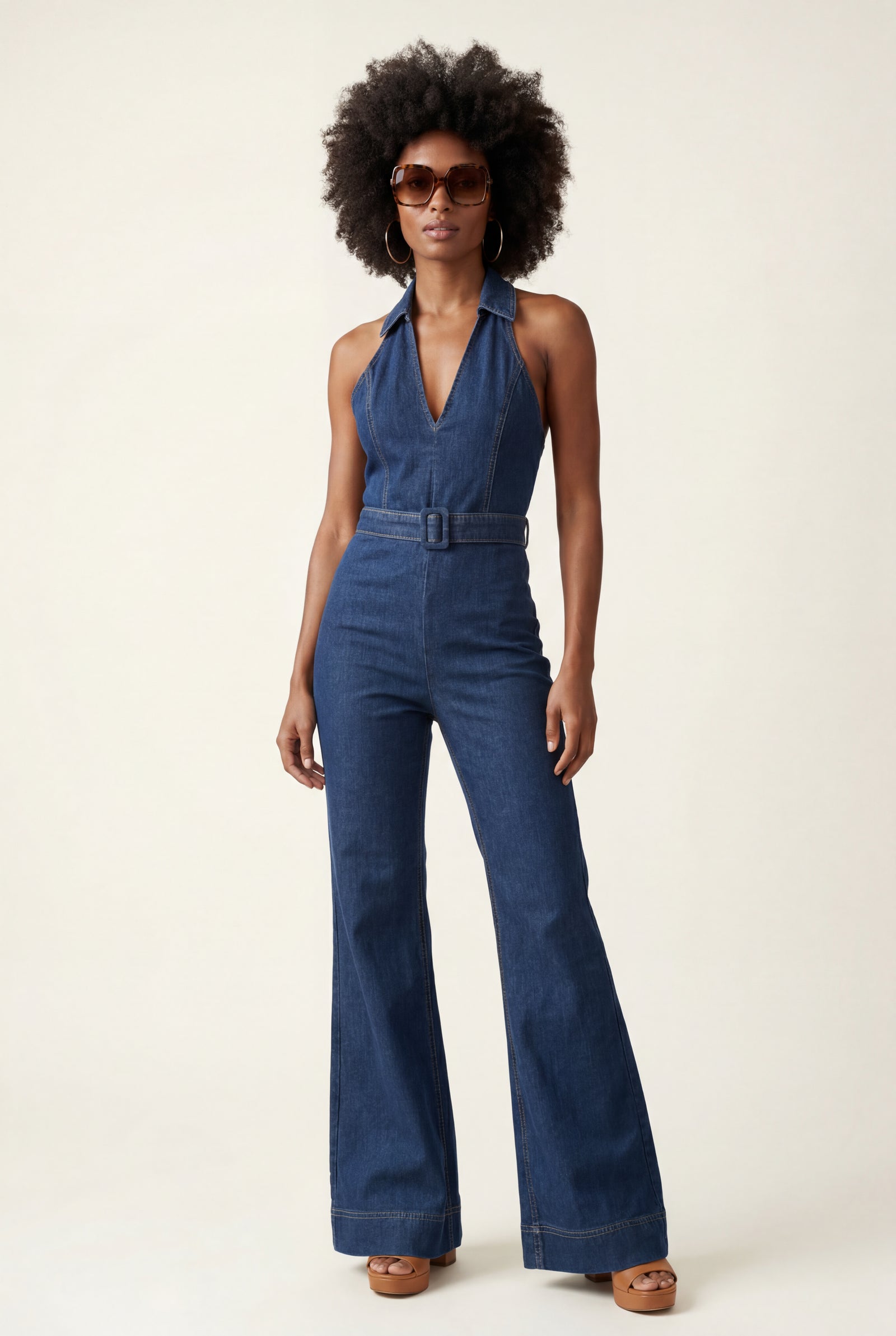 Denim Blue Blue Halter Neck Flared Leg Jumpsuit - Halter neck jumpsuit - Photo 1
