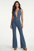Denim Blue Blue Plunge Neck Sleeveless Flared Jumpsuit - Denim jumpsuit - Photo 1