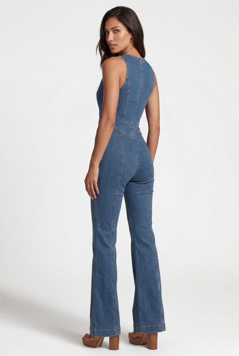 Denim Blue Blue Plunge Neck Sleeveless Flared Jumpsuit - Denim jumpsuit - Photo 2