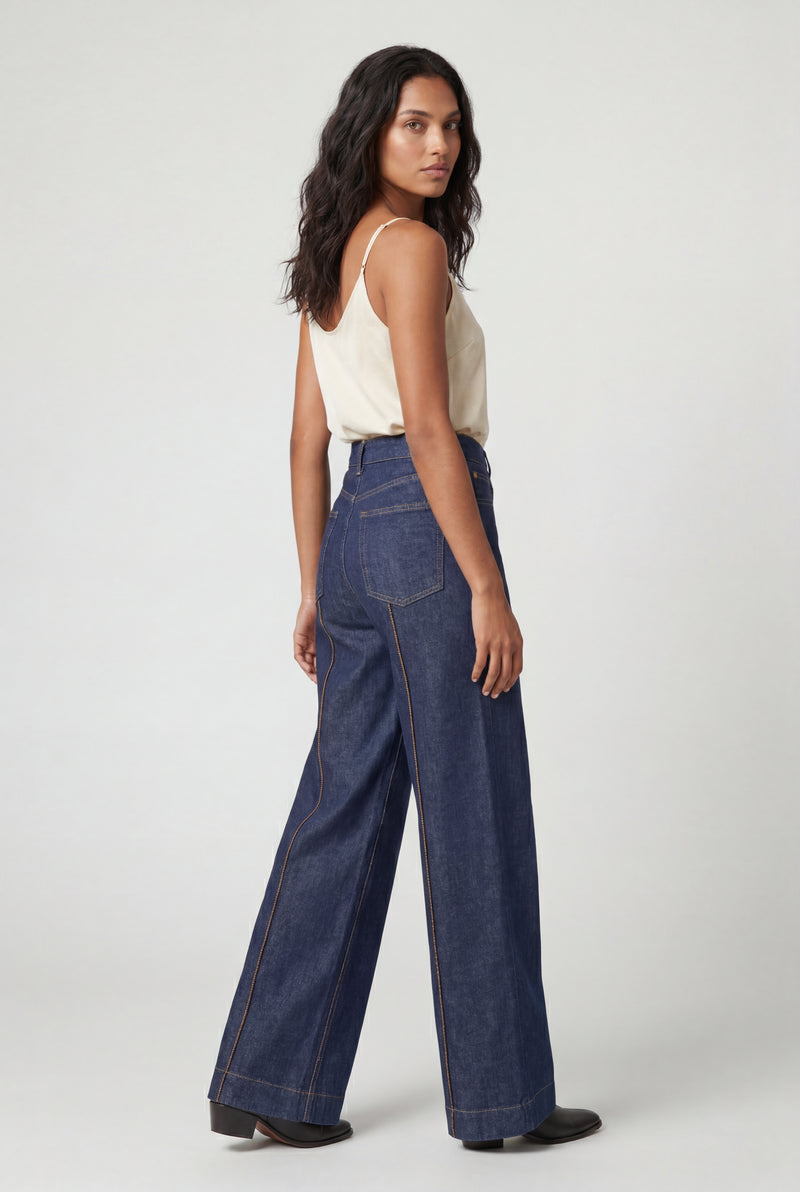 Denim Blue Contrast Stitching Indigo Blue High-waisted Wide-leg Jeans - Wide leg jeans - Photo 2
