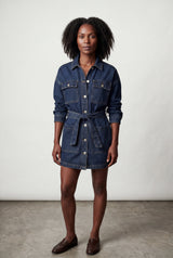 Denim Blue Dark Belted Shirt Dress Mini with Snap Buttons - Denim jacket - Photo 1