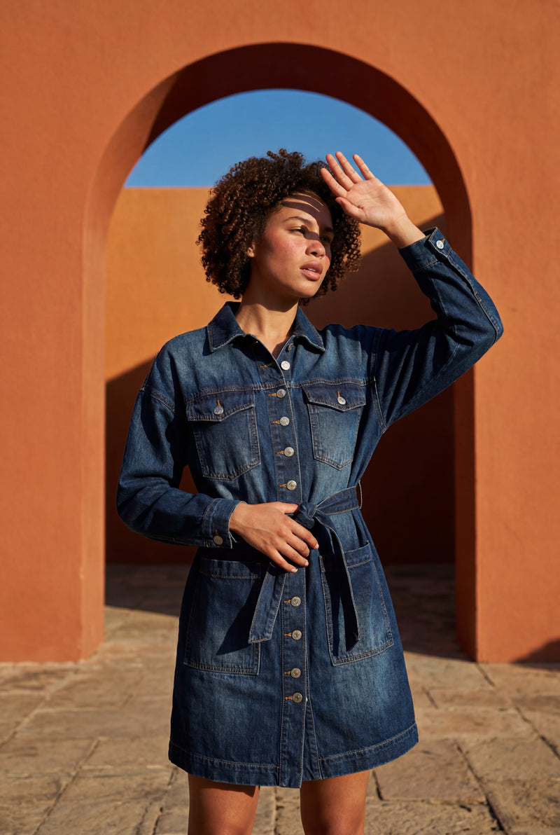 Denim Blue Dark Belted Shirt Dress Mini with Snap Buttons - Denim jacket - Photo 4