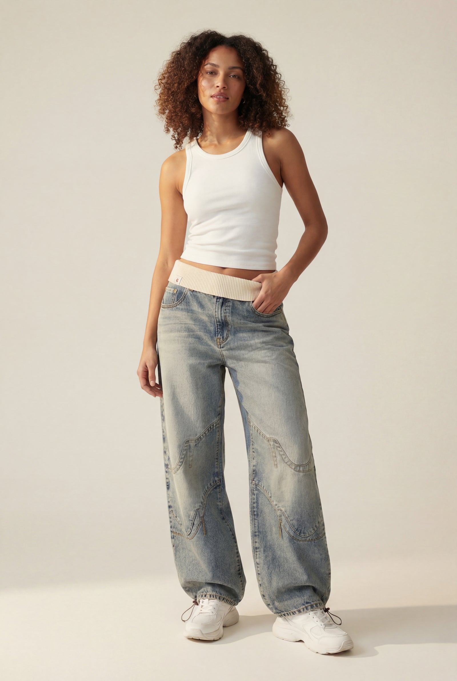 Denim Blue Light Blue Wide-leg Baggy Jeans with Elastic Waistband - Wide leg trousers - Photo 1