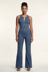 Denim Blue Medium Blue Sleeveless Cutout Back Jumpsuit - Denim jumpsuit - Photo 1