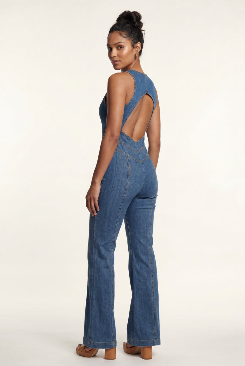 Denim Blue Medium Blue Sleeveless Cutout Back Jumpsuit - Denim jumpsuit - Photo 2