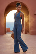 Denim Blue Medium Blue Sleeveless Cutout Back Jumpsuit - Denim jumpsuit - Photo 4